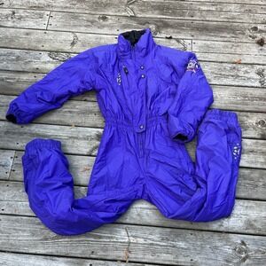 Vtg Core Obermeyer Ladies 8 Reversible Ski Suit Snow Bib Blk Purple Embroidered